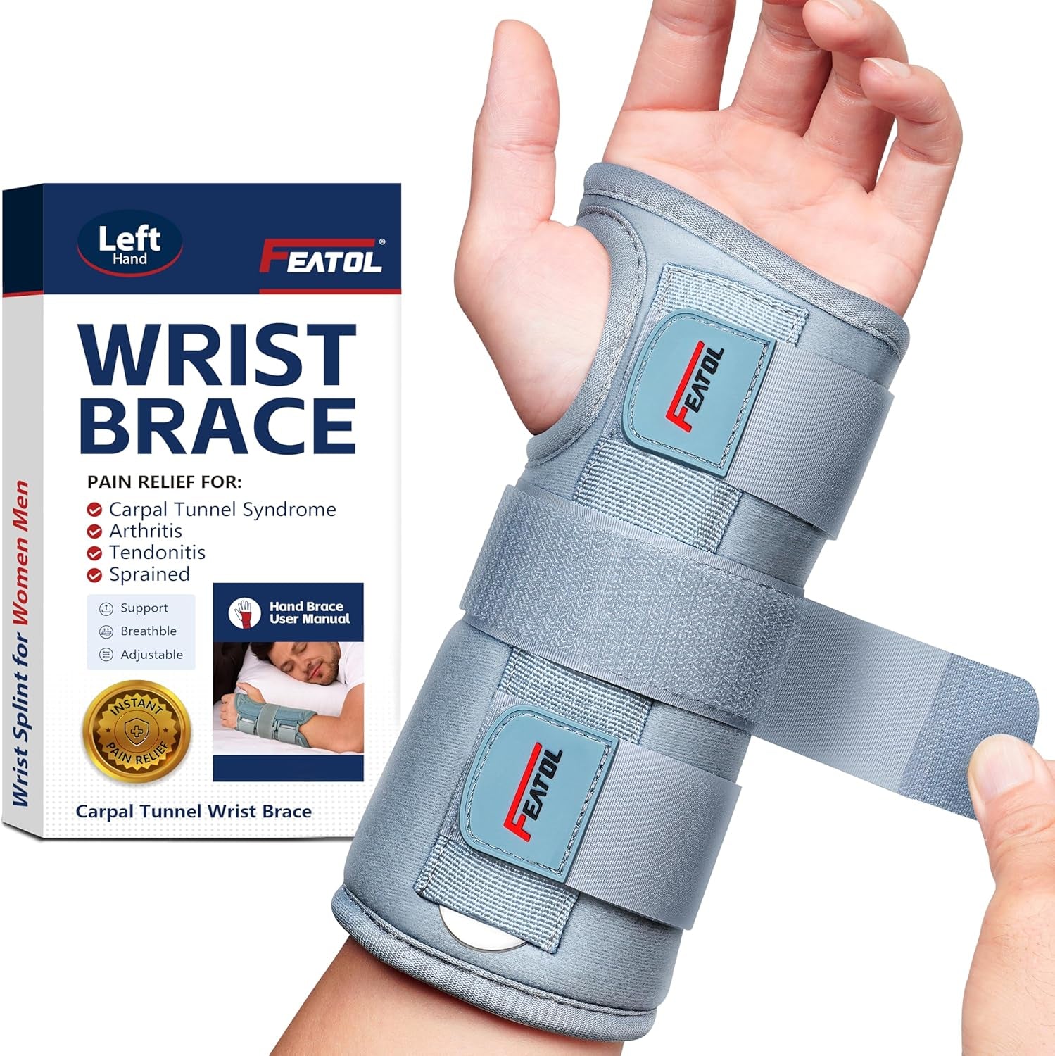 Wrist Brace Carpal Tunnel for Women Men, Adjustable Night Sleep Support Brace with Splints Left Hand, Large/X-Large