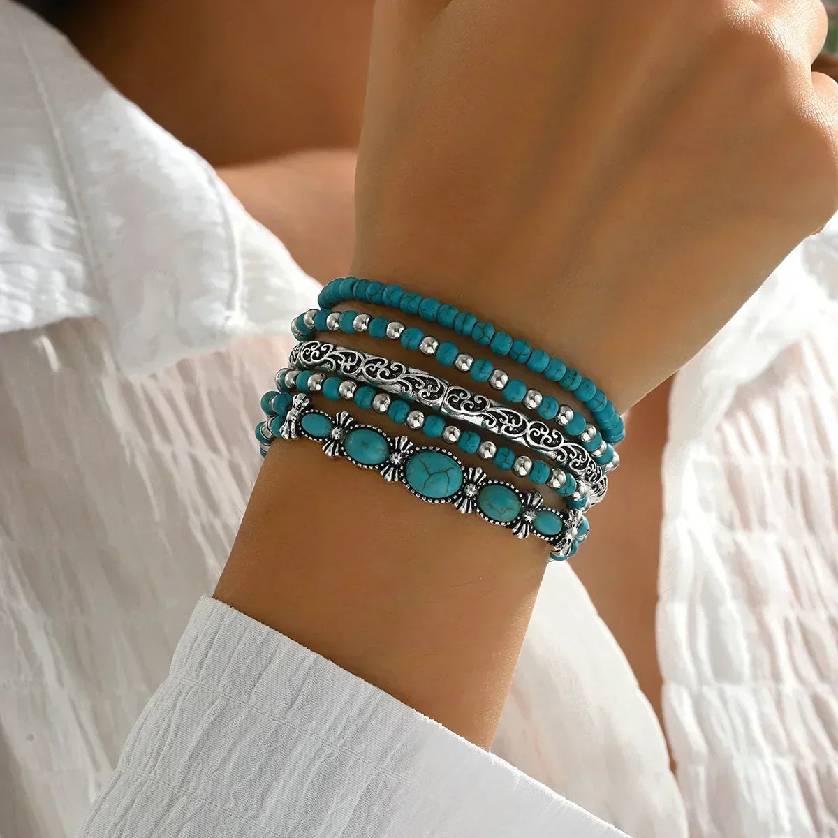 Selavienne™ Bohemian Bracelets with Green and Turquoise Beads