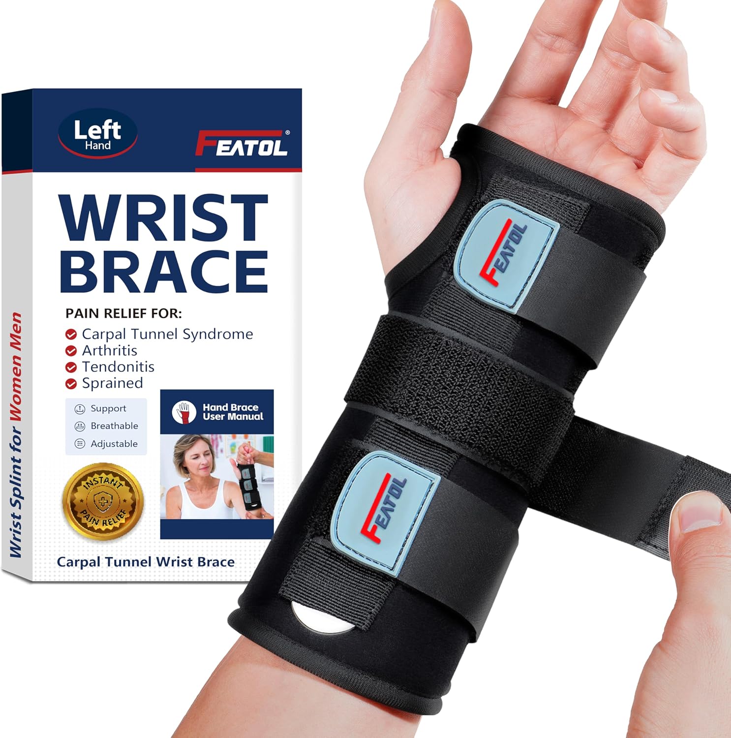 Wrist Brace Carpal Tunnel for Women Men, Adjustable Night Sleep Support Brace with Splints Left Hand, Large/X-Large