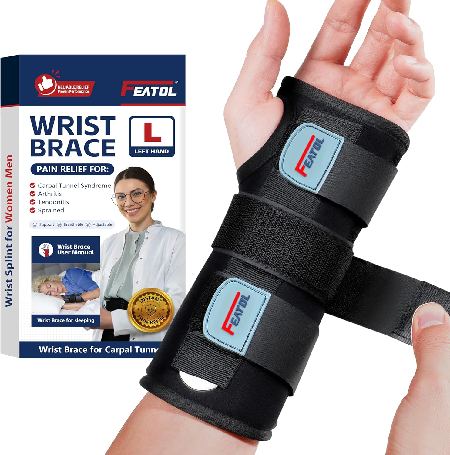 Wrist Brace Carpal Tunnel for Women Men, Adjustable Night Sleep Support Brace with Splints Left Hand, Large/X-Large
