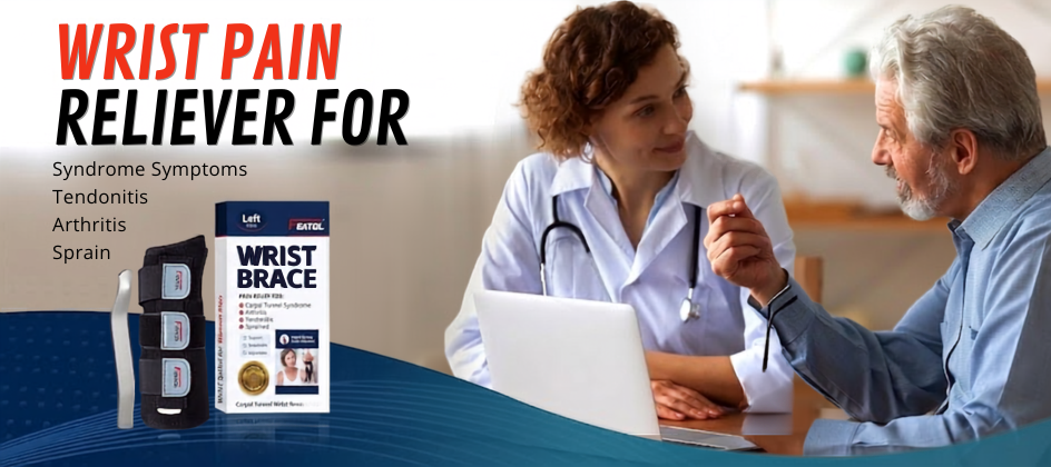 Doctor discussing wrist pain with a patient, with a Wrist Pain Reliever product displayed.