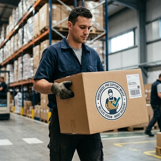Worker in a warehouse holding a box with a logo, surrounded by shelves and other workers.